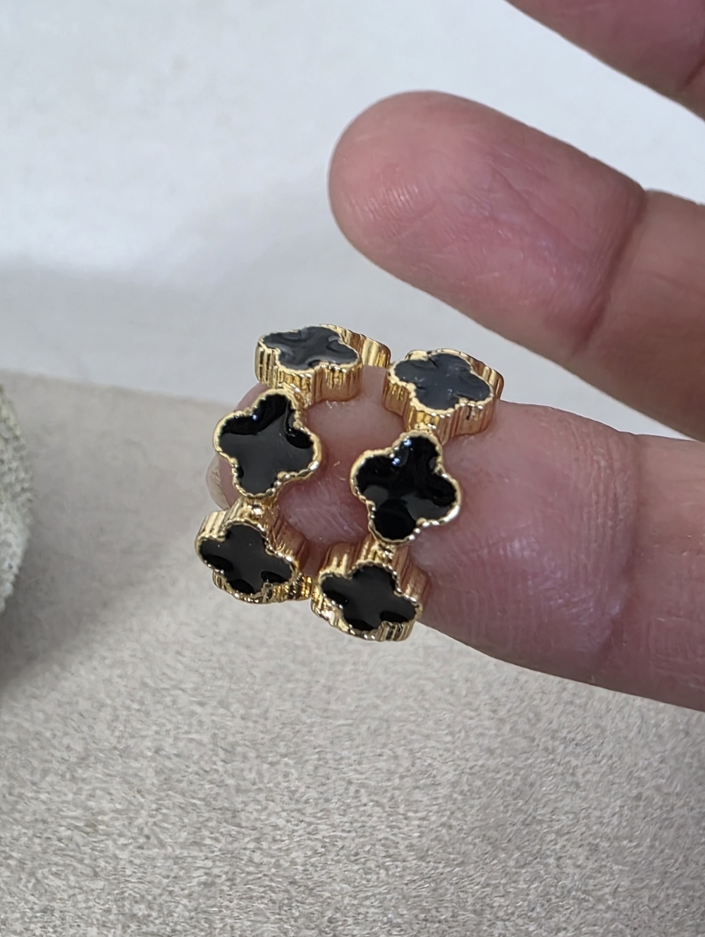 Small Gold Filled Hoop Earrings Black Enamel Clover Flower Design